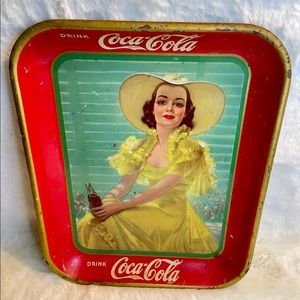 Vintage 1938 Coca Cola Metal Serving Tray Girl in Yellow Hat